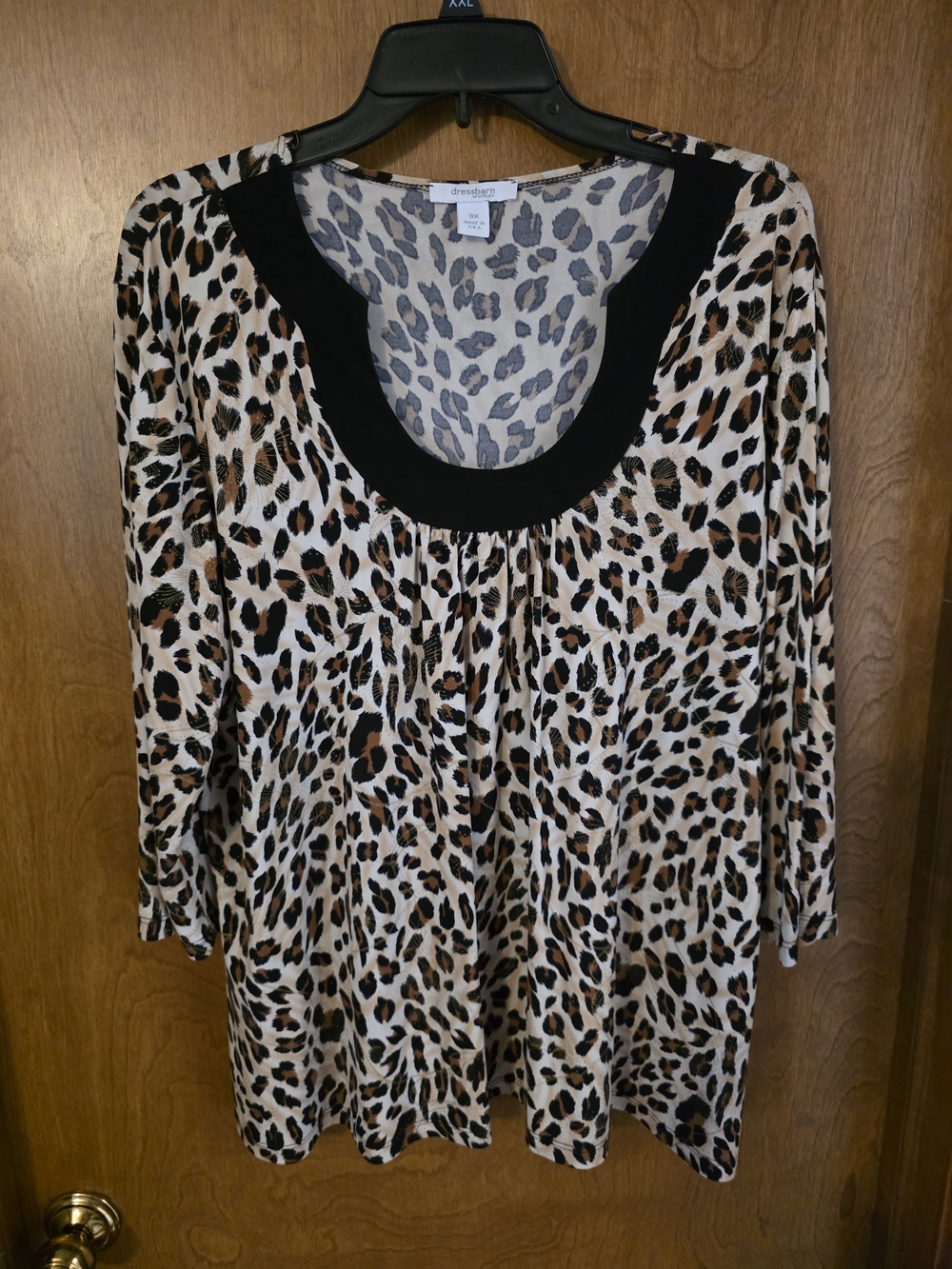 Avenue Leopard Print Long Sleeve Top with Black Scoop Neck